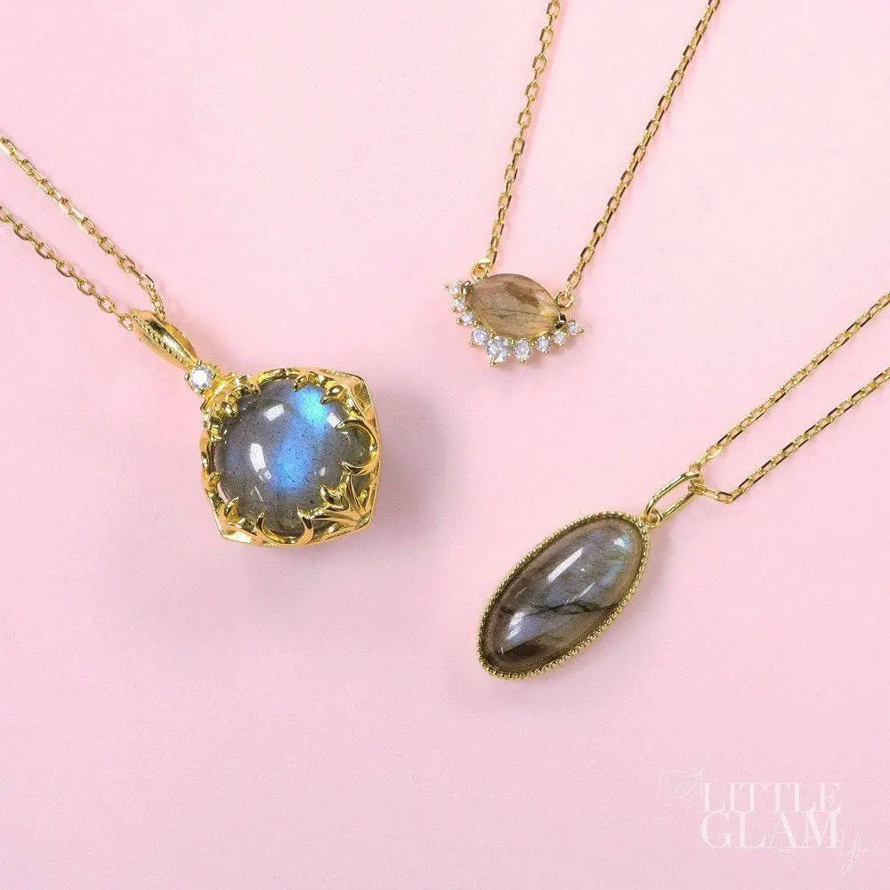 Little Glam Vintage Oval Labradorite Pendant Necklace Labradorite