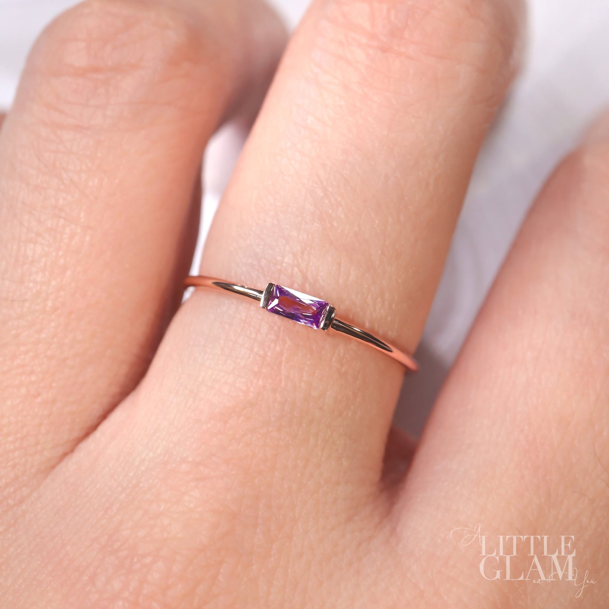 14k Solid Rose Gold Delicate Baguette Amethyst Ring