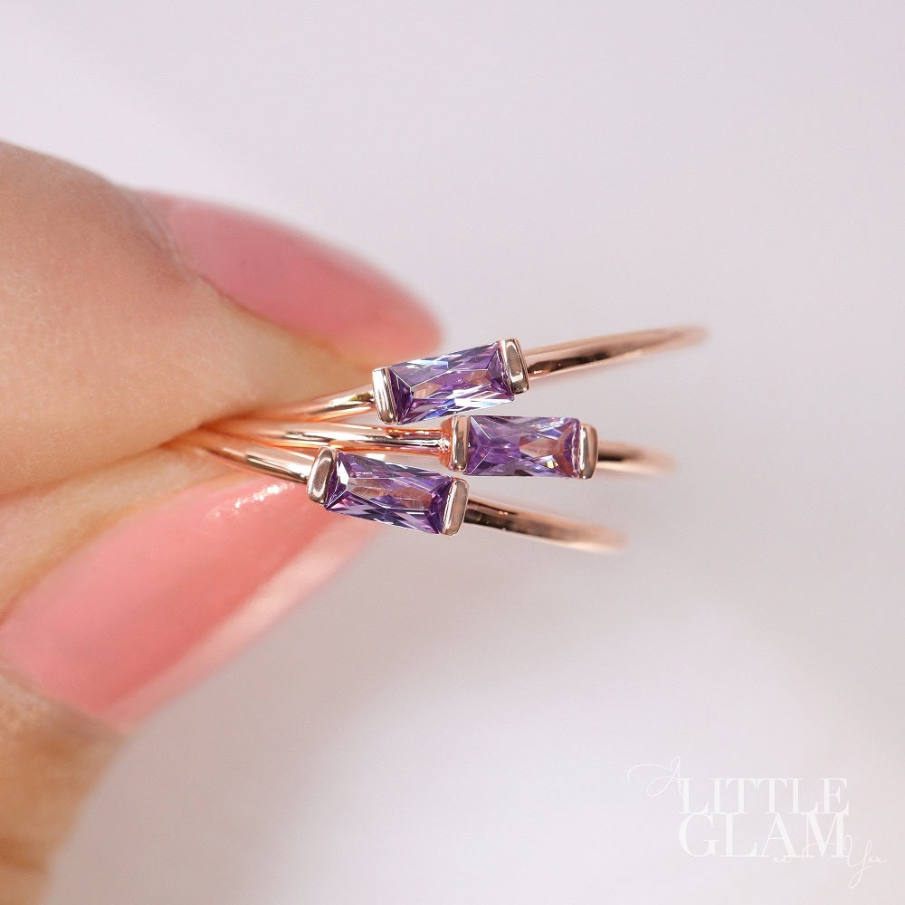 14k Solid Rose Gold Delicate Baguette Amethyst Ring