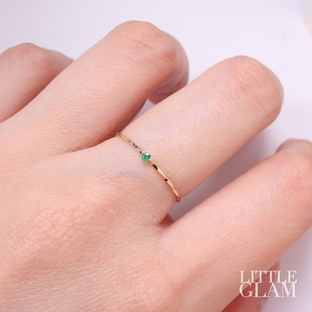 14k Solid Yellow Gold Dainty Solitaire Emerald Twist Ring