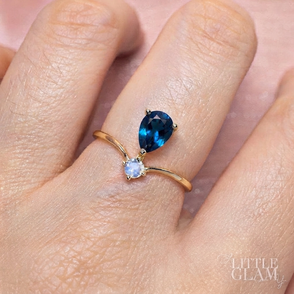 Elegant Teardrop London Blue Tapaz Ring Amethyst & Moonstone