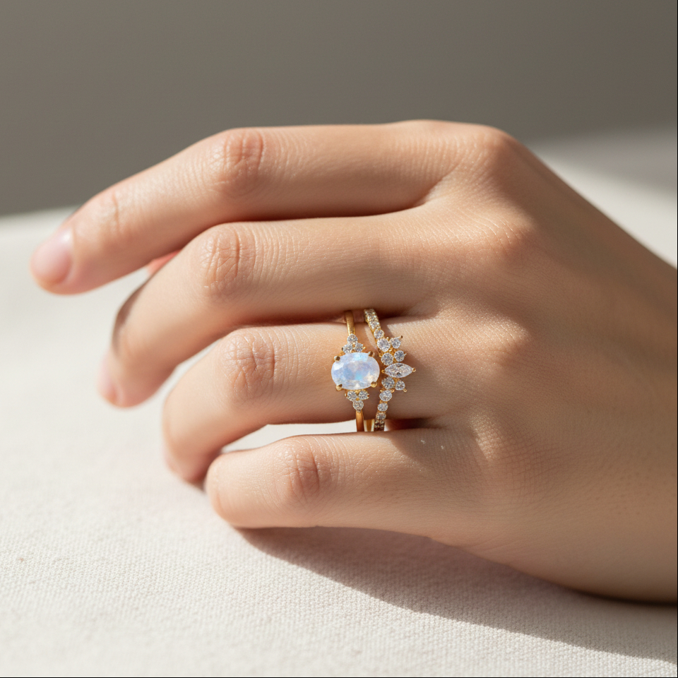 Natural Oval Moonstone & Glowing Glam Ring Set Peridot & White Topaz