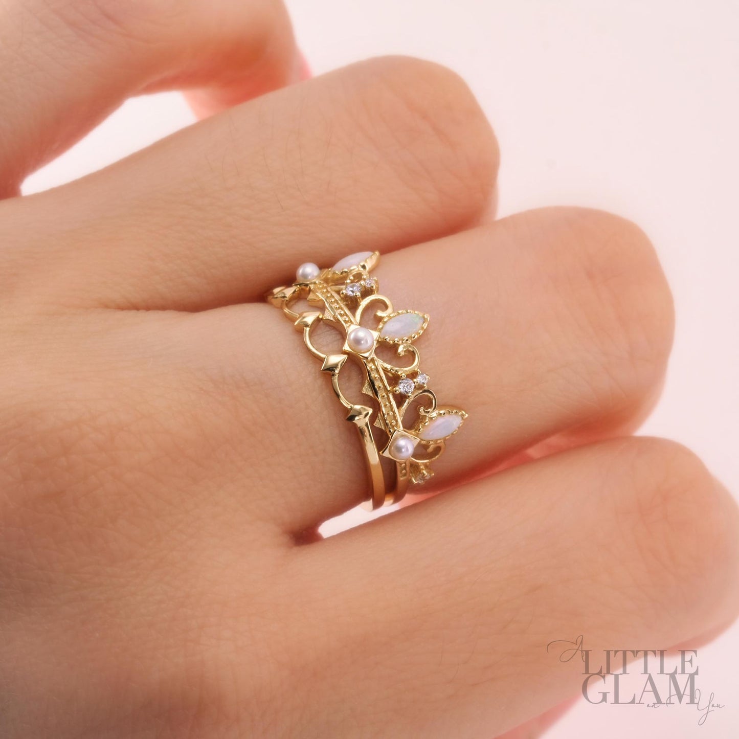 Vintage Crown Opal Ring Set Opal & Pearl & Cubic Zirconia