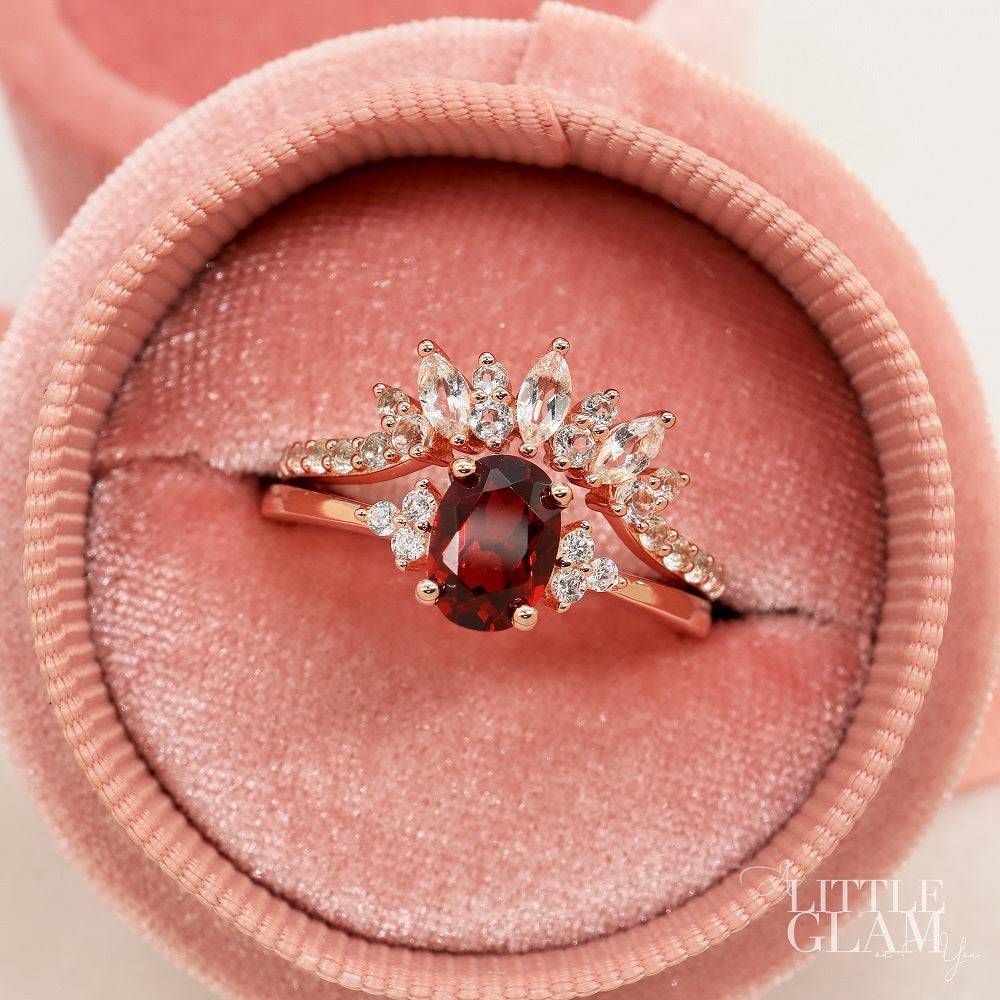 Natural Oval Garnet Rose Gold Ring Garnet & White Topaz