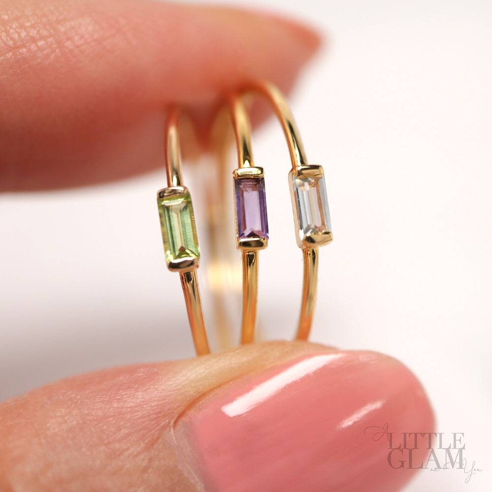 14k Solid Yellow Gold Delicate Baguette Amethyst Ring Amethyst