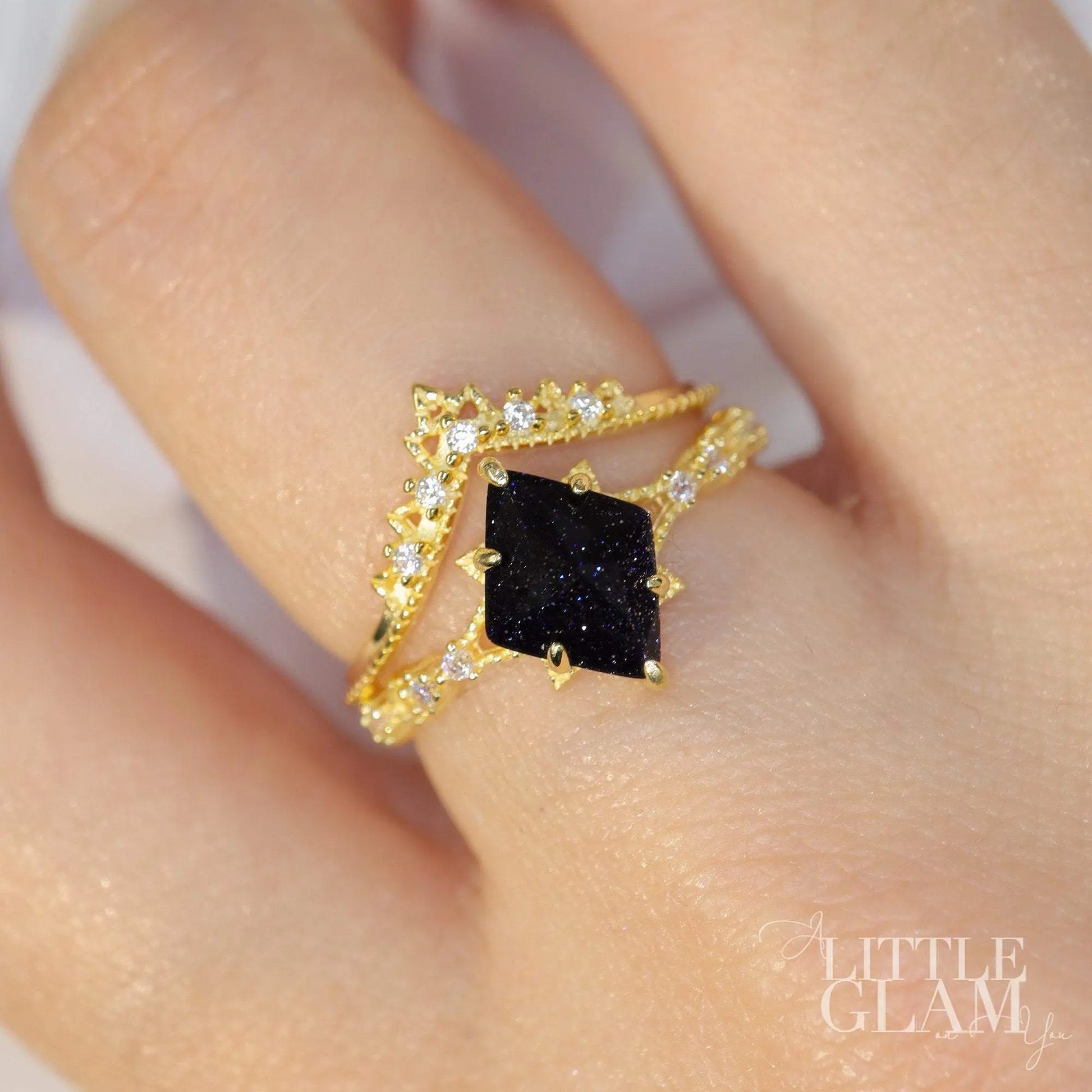 Starry Blue Sky Blue Sand Stone Ring Set Blue Sandstone & Cubic Zirconia