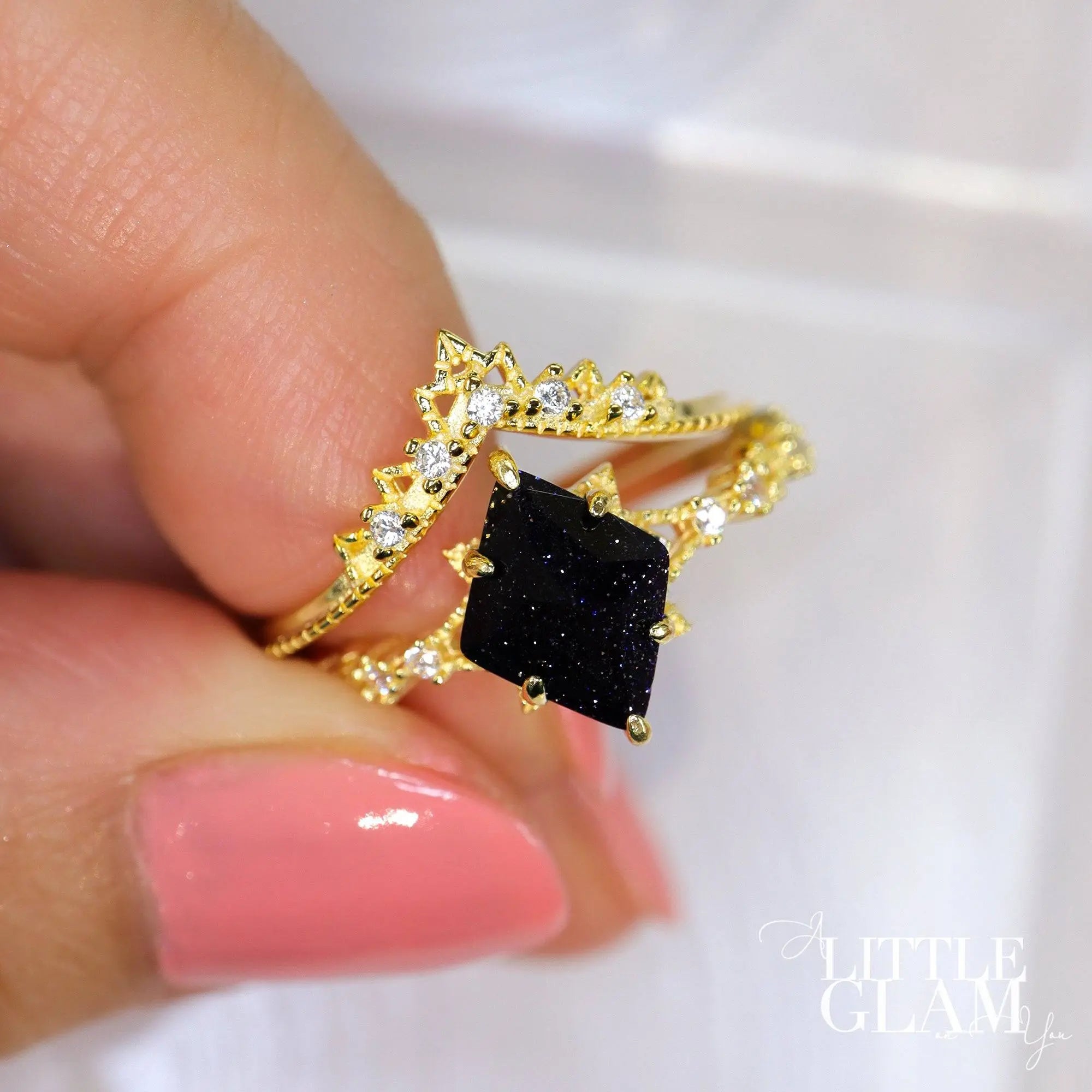 Starry Blue Sky Blue Sand Stone Ring Set Blue Sandstone & Cubic Zirconia