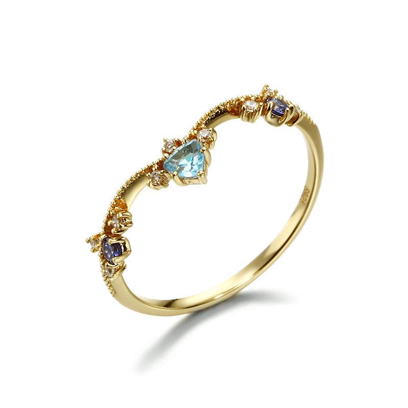 Exotic Princess Blue Topaz Ring Swiss Blue Topaz & Cubic Zirconia