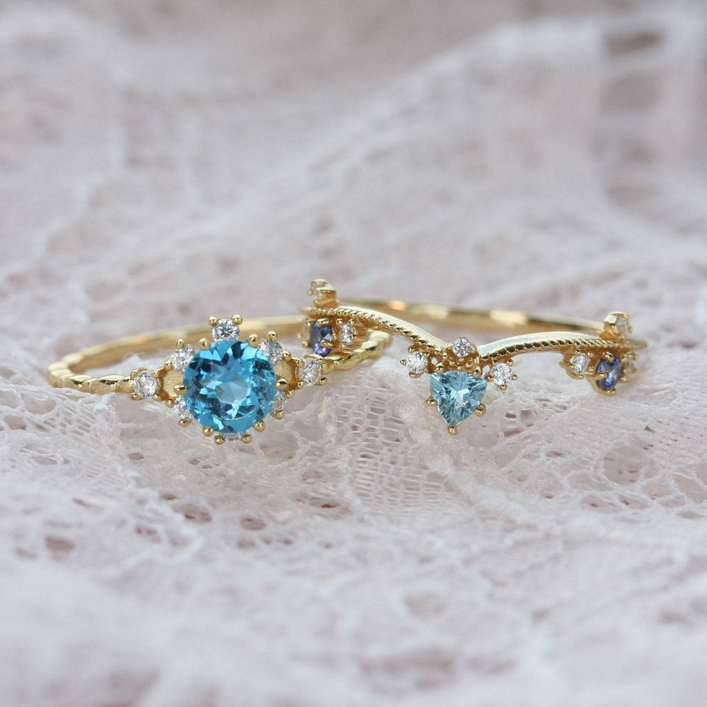 Exotic Princess Blue Topaz Ring Swiss Blue Topaz & Cubic Zirconia