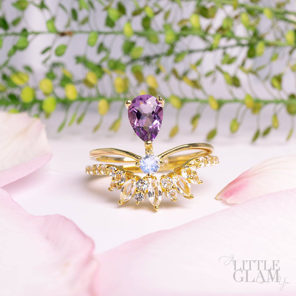 Amethyst Ring - Elegant Teardrop Amethyst & Moonstone