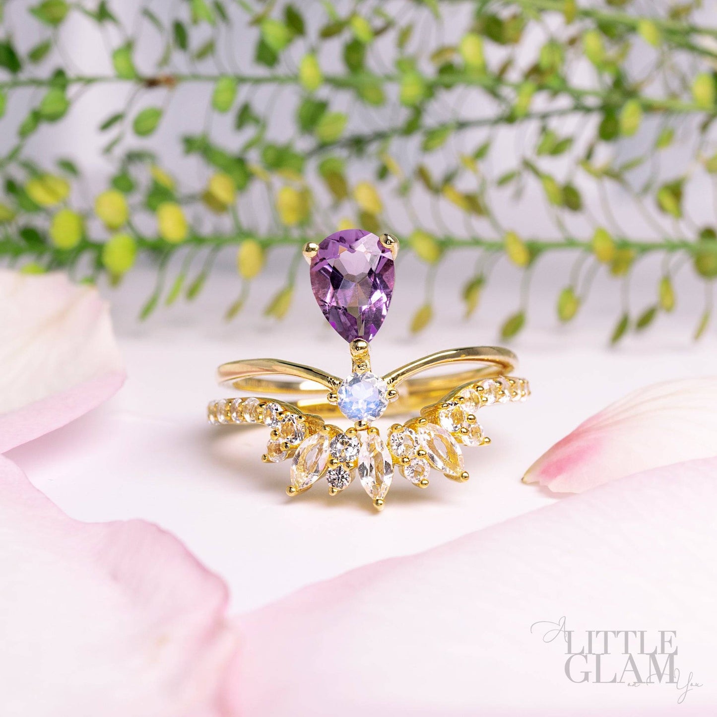 Amethyst Ring - Elegant Teardrop Amethyst & Moonstone