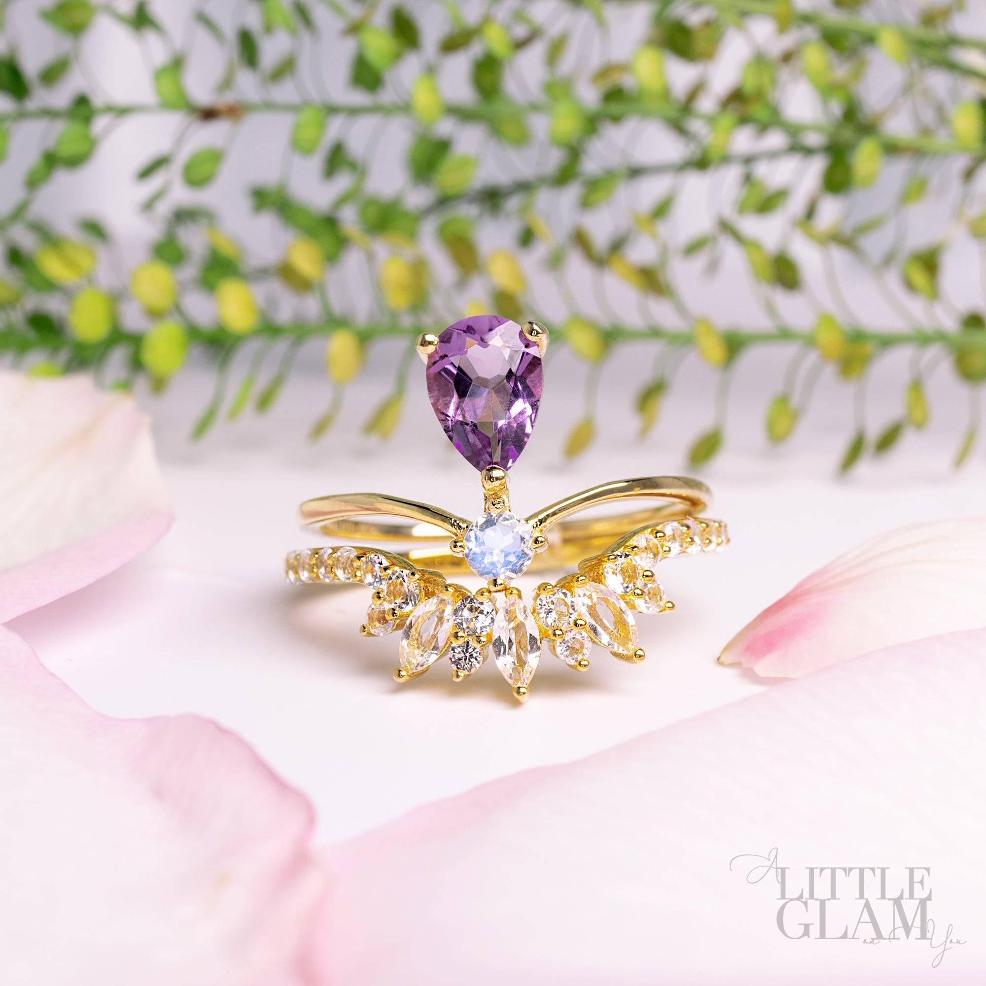 Amethyst Ring - Elegant Teardrop Amethyst & Moonstone