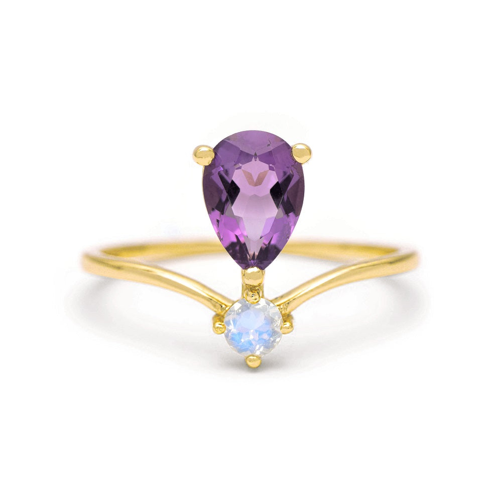 Amethyst Ring - Elegant Teardrop Amethyst & Moonstone
