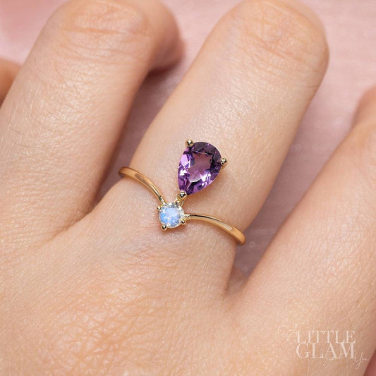 Amethyst Ring - Elegant Teardrop Amethyst & Moonstone