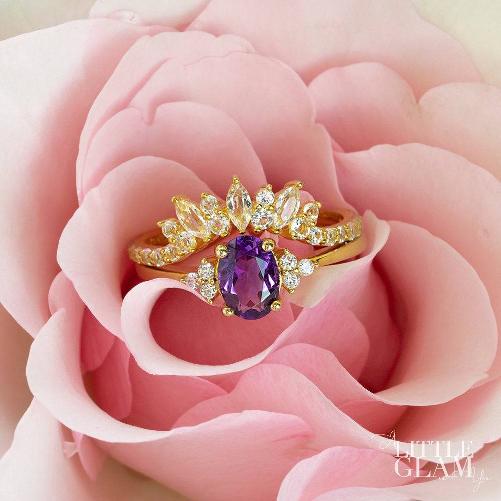 Natural Oval Amethyst & Glowing Glam Ring Set Amethyst & White Topaz