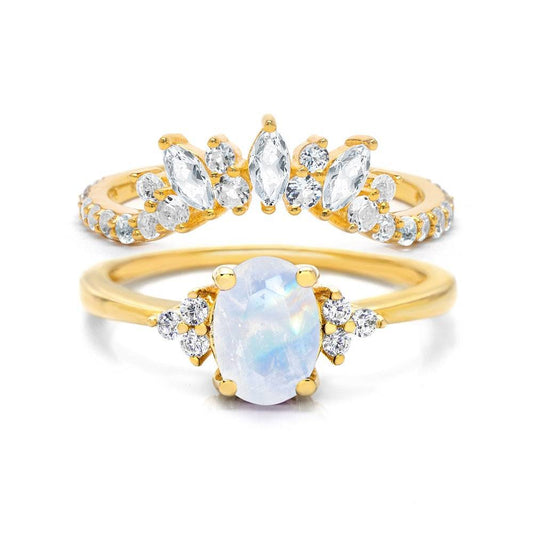 Natural Oval Moonstone & Glowing Glam Ring Set Peridot & White Topaz