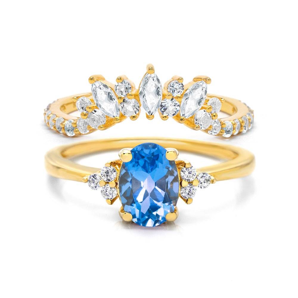 Natural Oval Blue Topaz & Glowing Glam Ring Set Blue Topaz & White Topaz