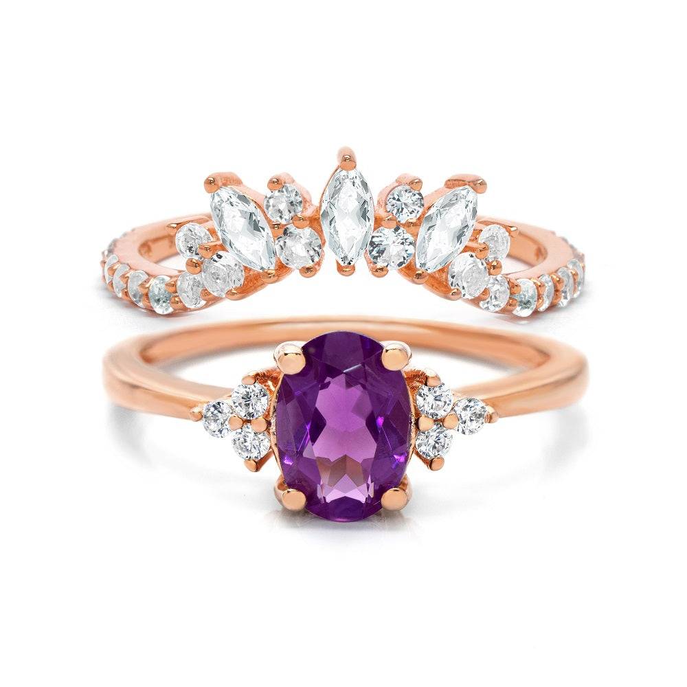 Natural Oval Amethyst & Glowing Glam Ring Set Amethyst & White Topaz