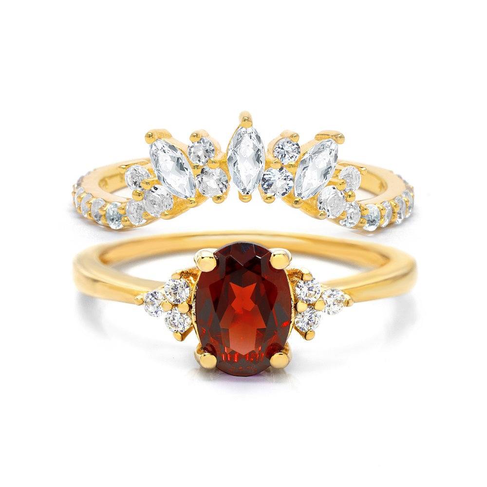 Natural Oval Garnet & Glowing Glam Ring Set Garnet & White Topaz