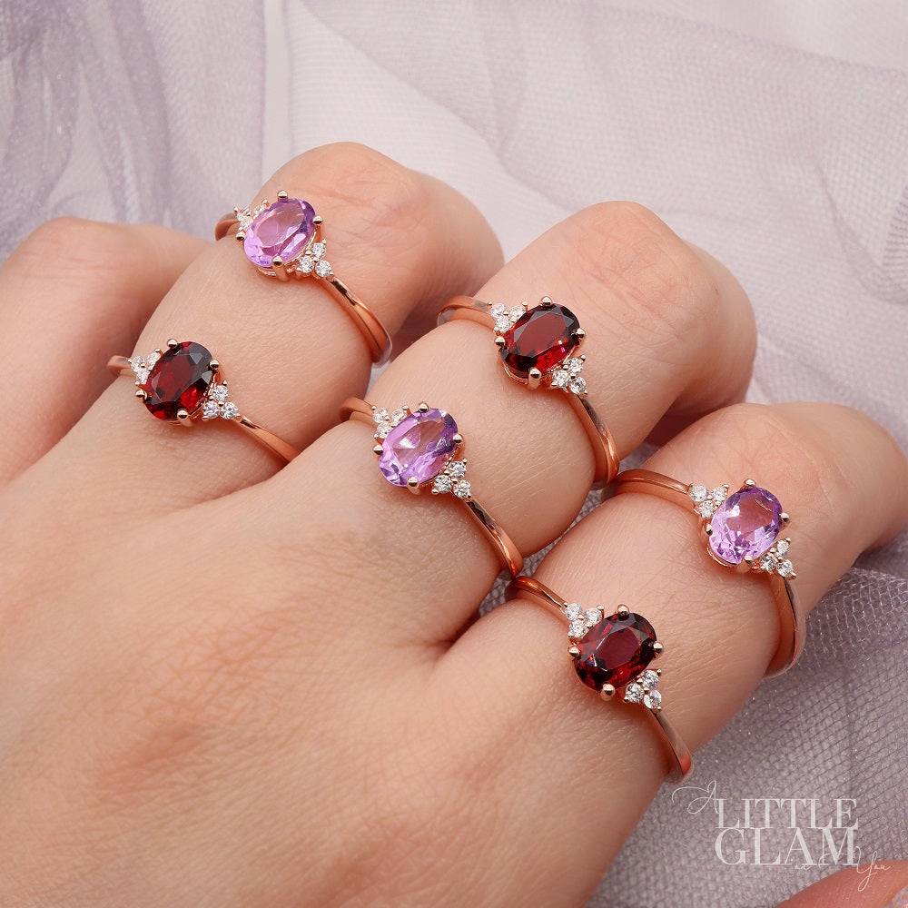Natural Oval Garnet Rose Gold Ring Garnet & White Topaz