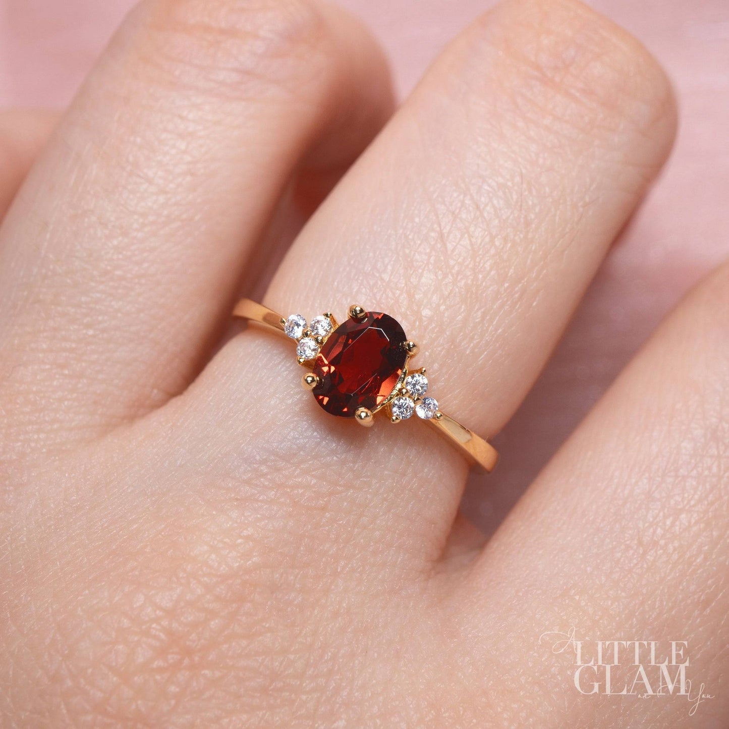 Natural Oval Garnet Ring Garnet & White Topaz