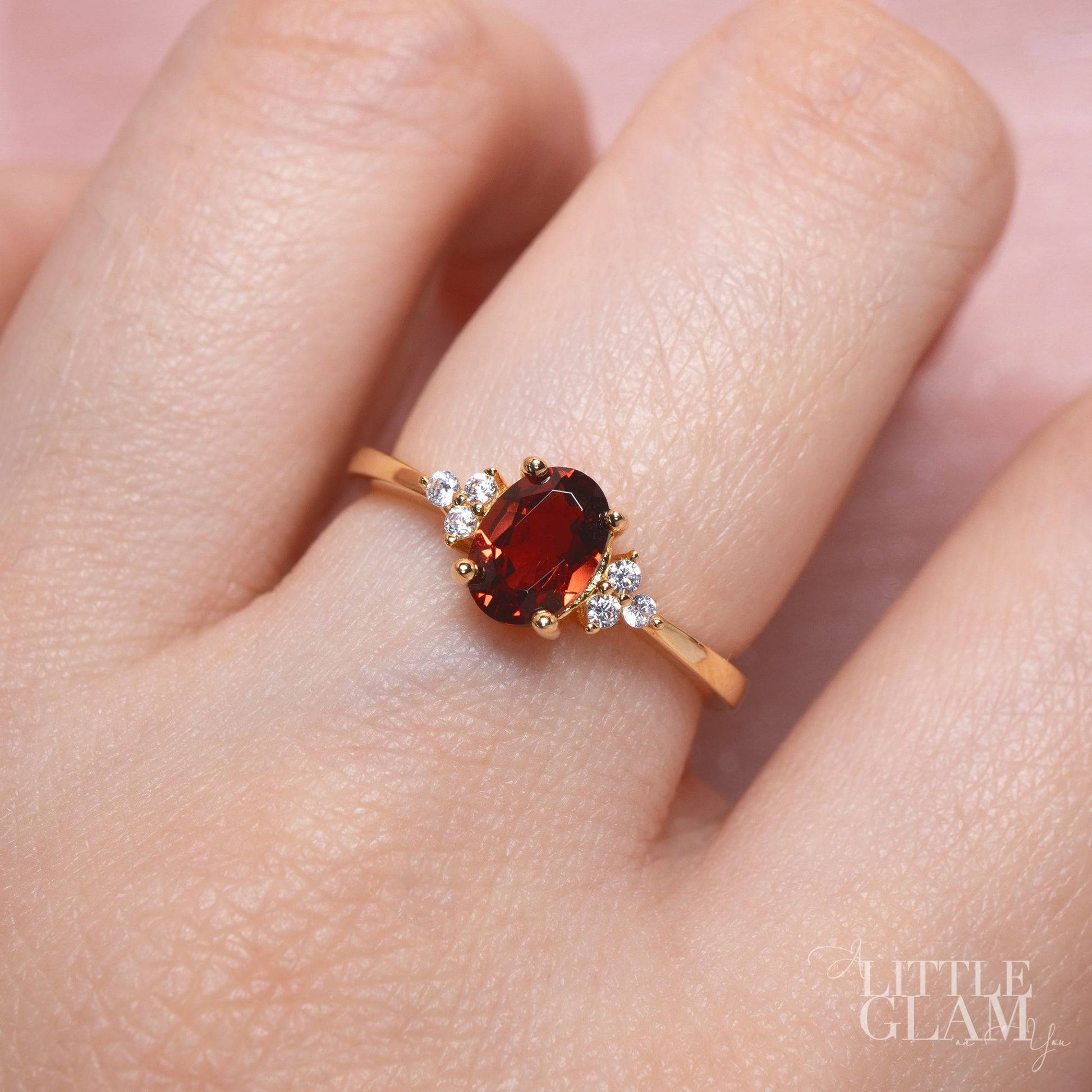 Natural Oval Garnet Ring Garnet & White Topaz