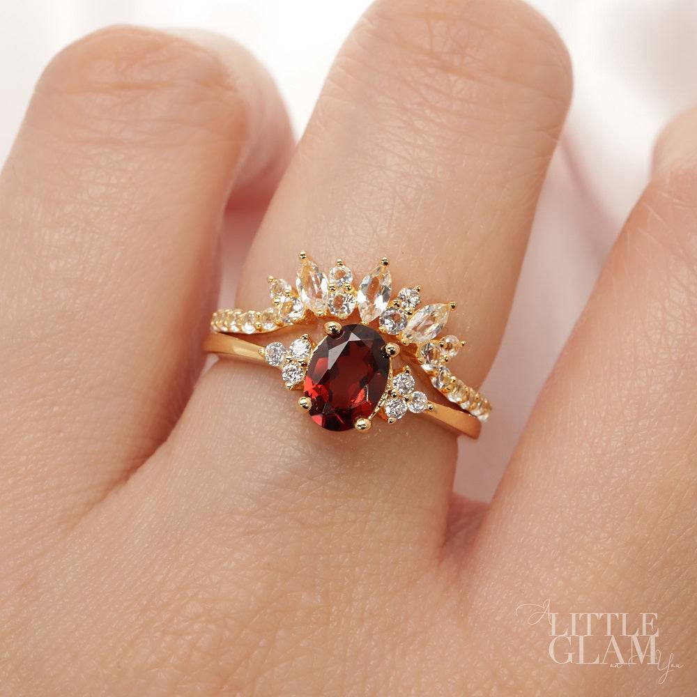 Natural Oval Garnet & Glowing Glam Ring Set Garnet & White Topaz